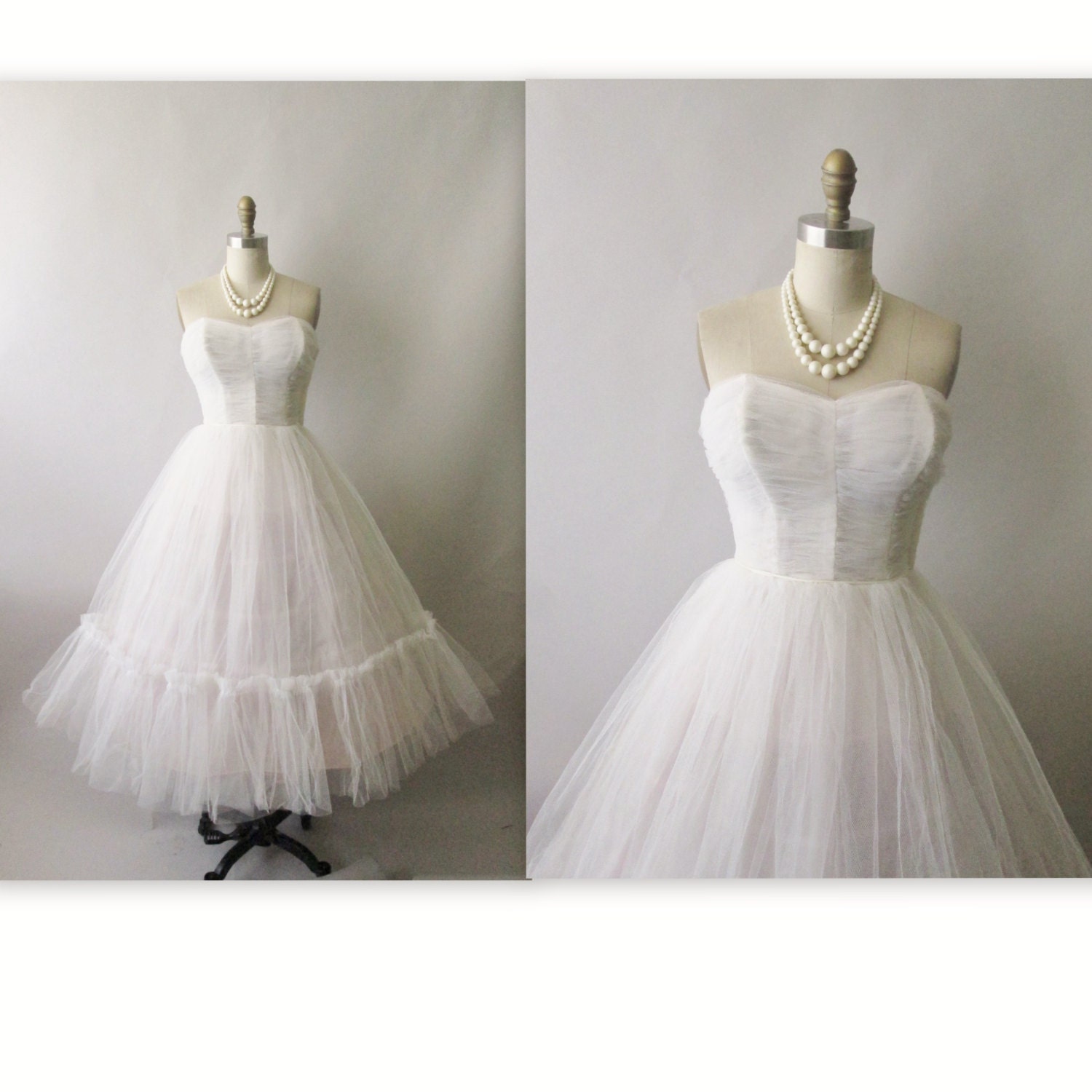 1950s Wedding Dress // Vintage 50s Strapless White Tulle Wedding Dress Gown XS