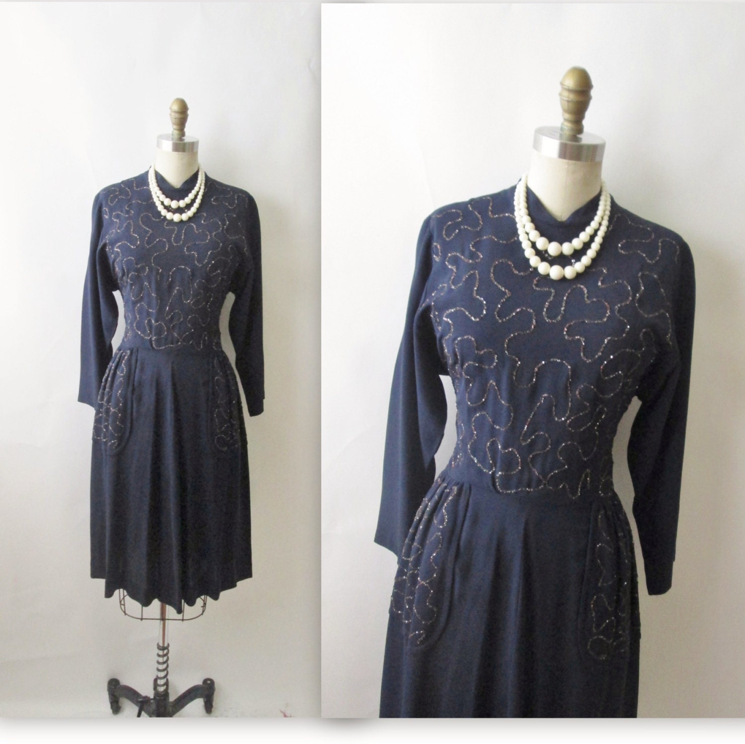 40's Dress // Vintage 1940's Navy Rayon Glitter Cocktail Party Swing Dress S