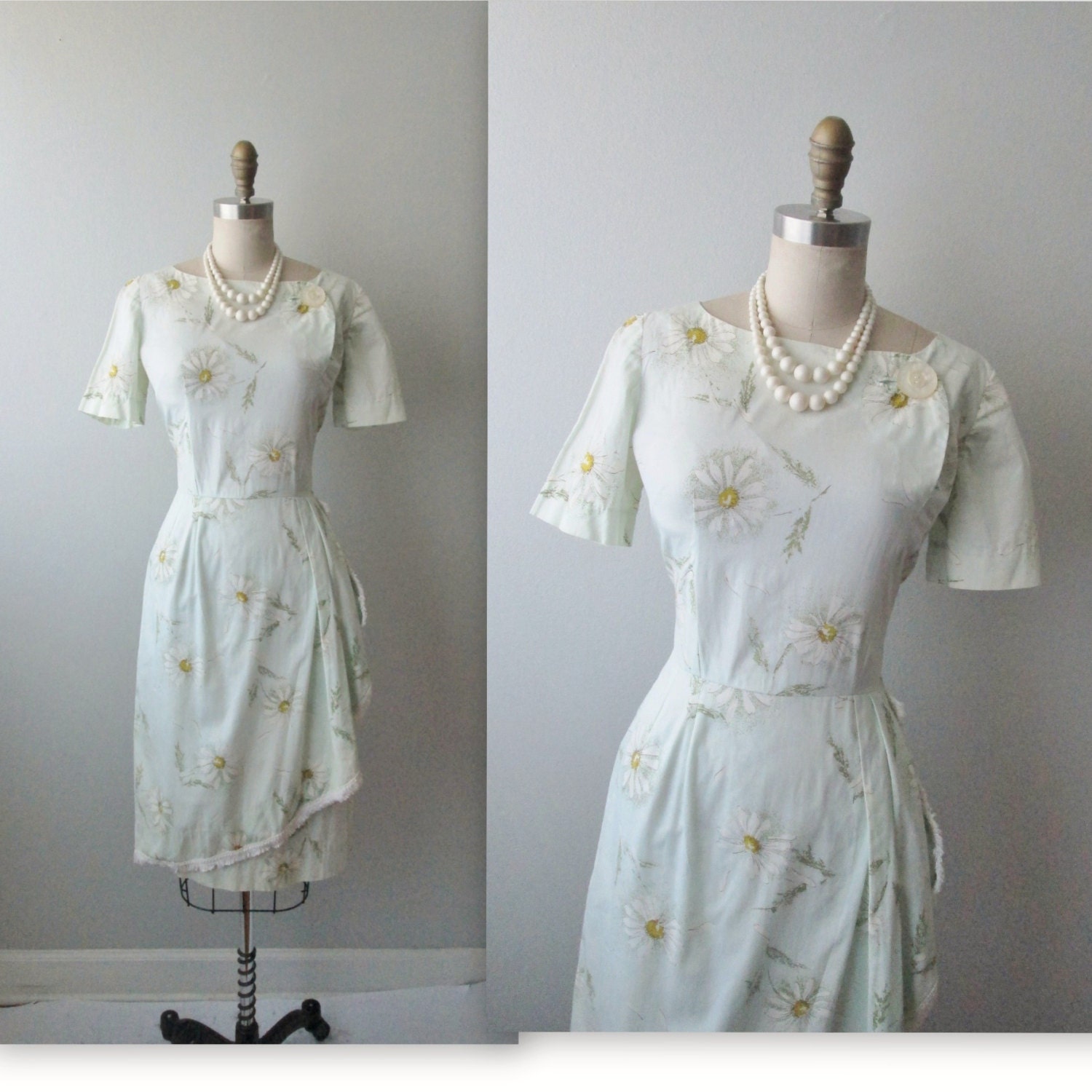 50s Floral Dress // Vintage 1960s Daisy Print Garden Party Mad Men Summer Fitted Sheath Dress S