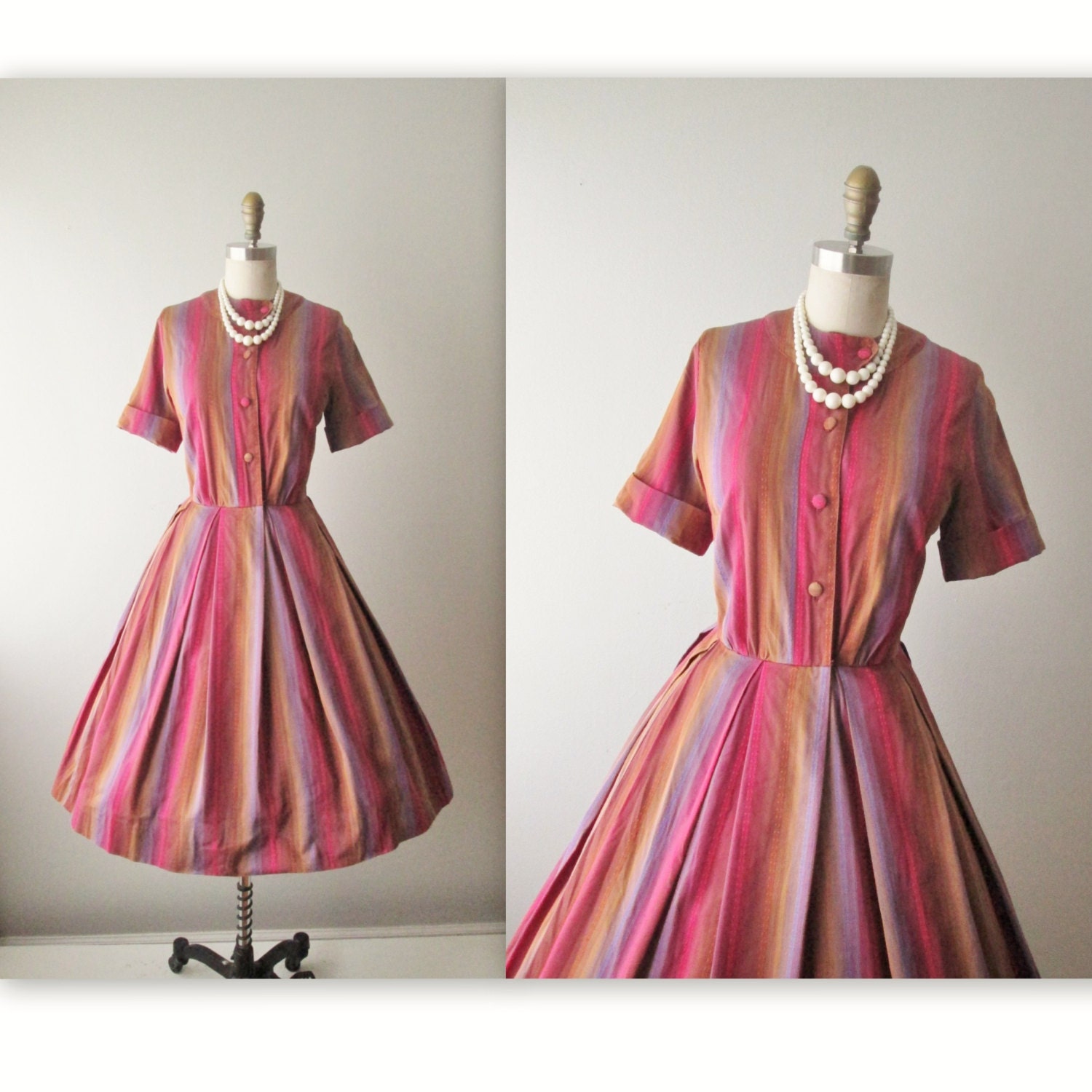 50s Shirtwaist Dress // 1950's Vintage Striped Cotton Mad Men Casual Shirtwaist Day Dress S M