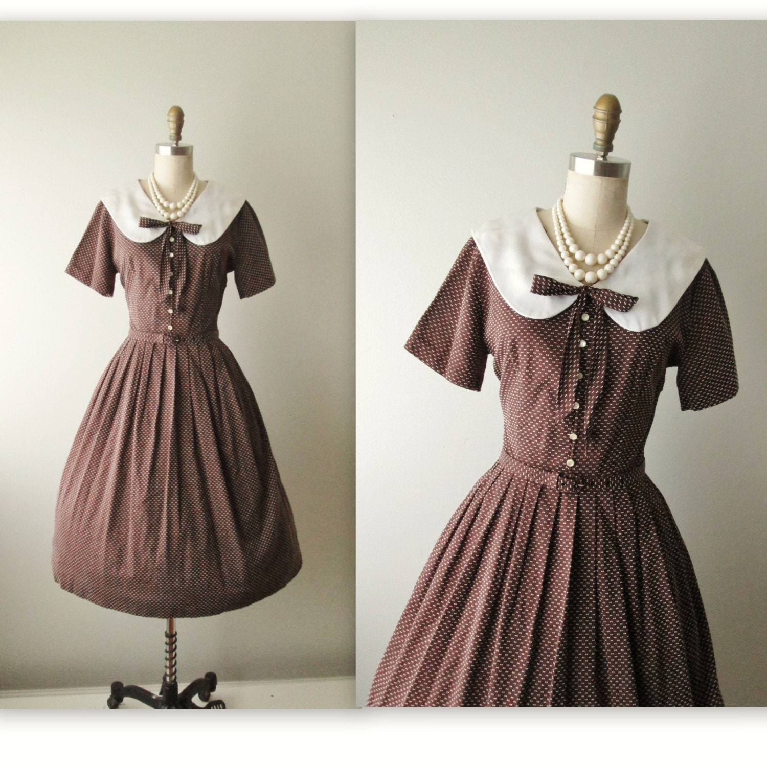 50s Dress // Vintage 1950's Dotted Chocolate Cotton Voile Shirtwaist Garden Party Mad Men Day Dress M