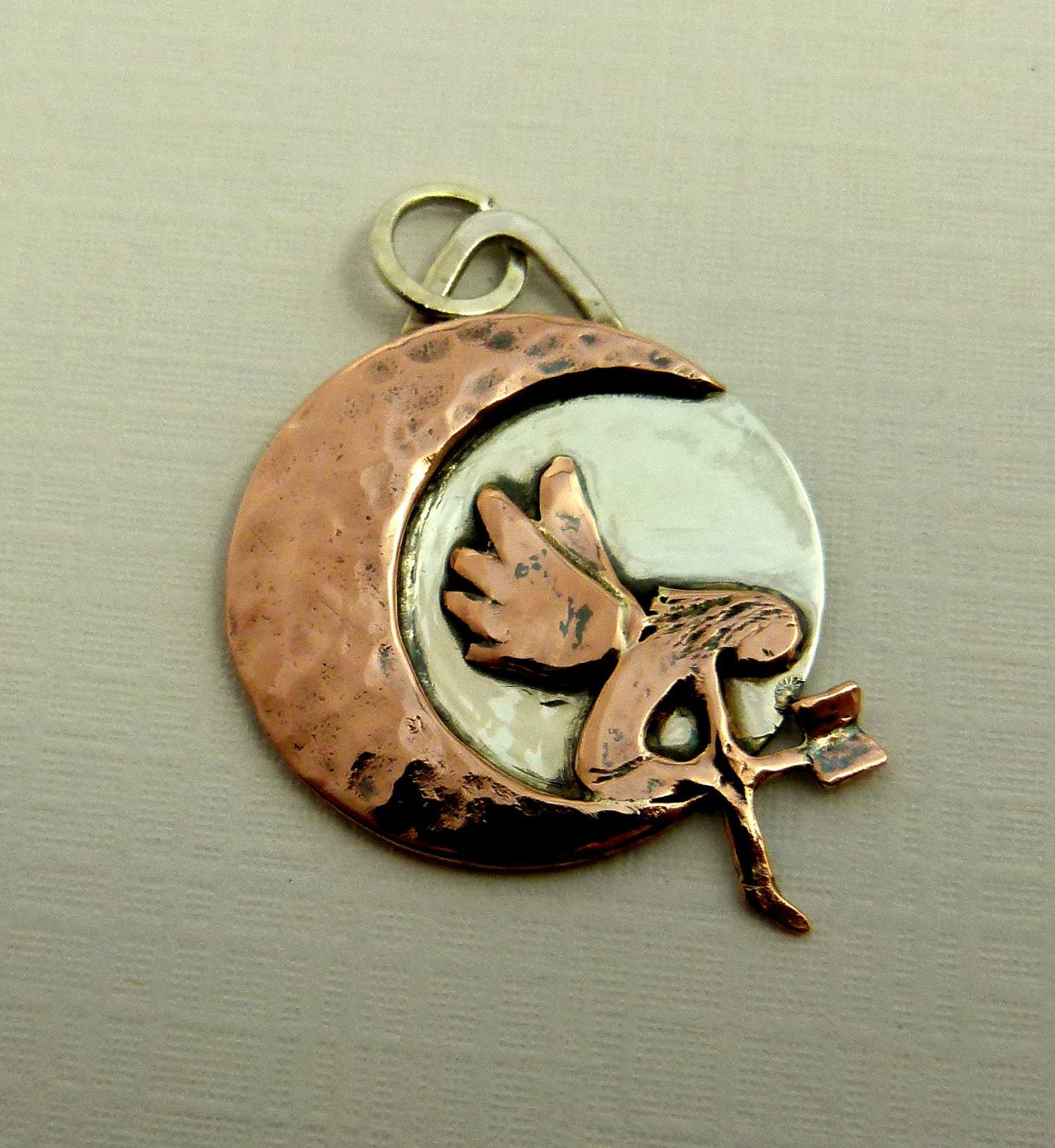 Madelynn Sits On The Moon With A Good Book - Up Cycled Sterling Silver And Copper - Echo Friendly - Art Jewelry Pendant - 1108