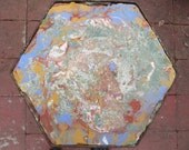 Psychedelic Multicolored Paint Splatter Hexagonal Small Table or Plant Stand w/ Tripod Wrought Iron Base -- Swirly Trippy Rustic Patina