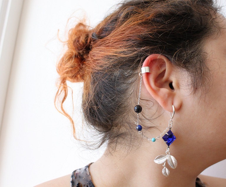 Lord of The Rings - Elven Ear Cuff - Midnight  and Planets -GENUINE Lapis,goldstone & Turquoise and Sterling Silver Leaves