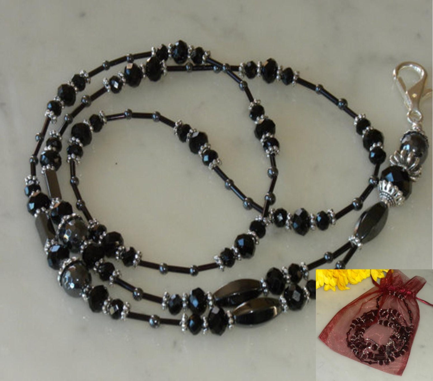 Classic Black Lanyard, Badge ID, Key Holder, Secure Clasp, Accessories, natural stone, handmade, teacher, nurse, coworker gift idea