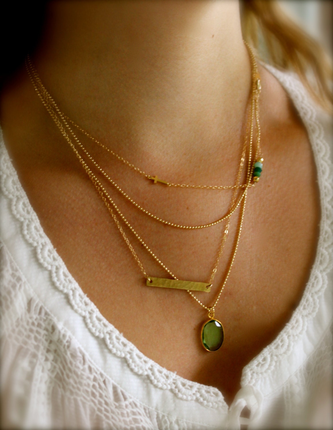 Gold Layering Necklaces, 14K gold fill, Set of 3, Sideways Cross, Chrysophase, Hammered Bar