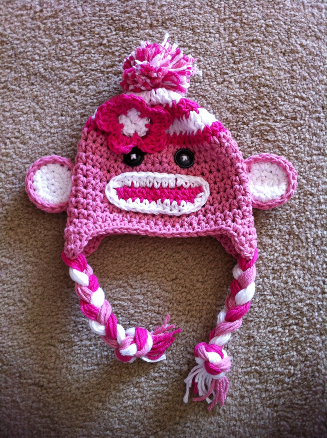 Crochet Pink Sock  Monkey Hat  Newborn to Toddler sizing  Photography prop