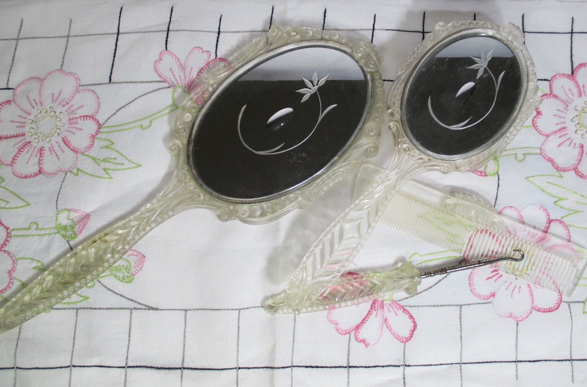 Vintage Vanity Set - Lucite Clear Decorative Plastic  Mirror, Comb, Brush, Button Hook