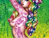 5x7 in Art Print - Shock Tart - Tattooed Pin Up Girl With Rainbow Hair