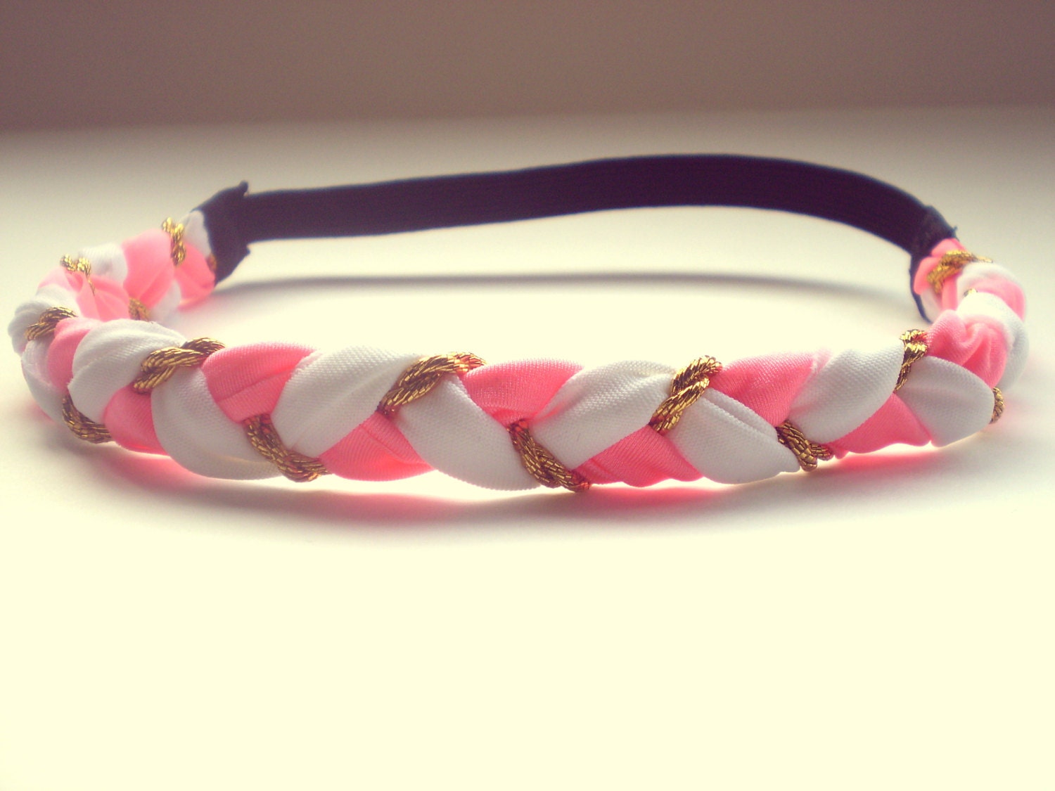 Neon Coral, White and Gold Braided Headband Hippie Headband Womens Hair Accessories Elastic Headband