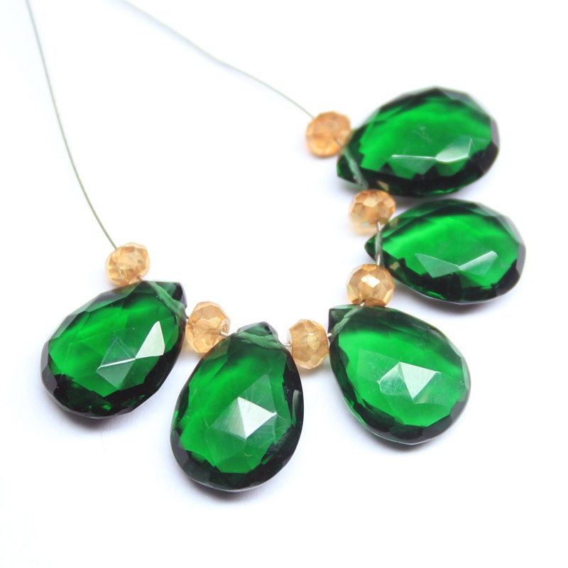 5 Beads - 14x10mm Pair - Natural Emerald Quartz Faceted Pear Drops Briolettes