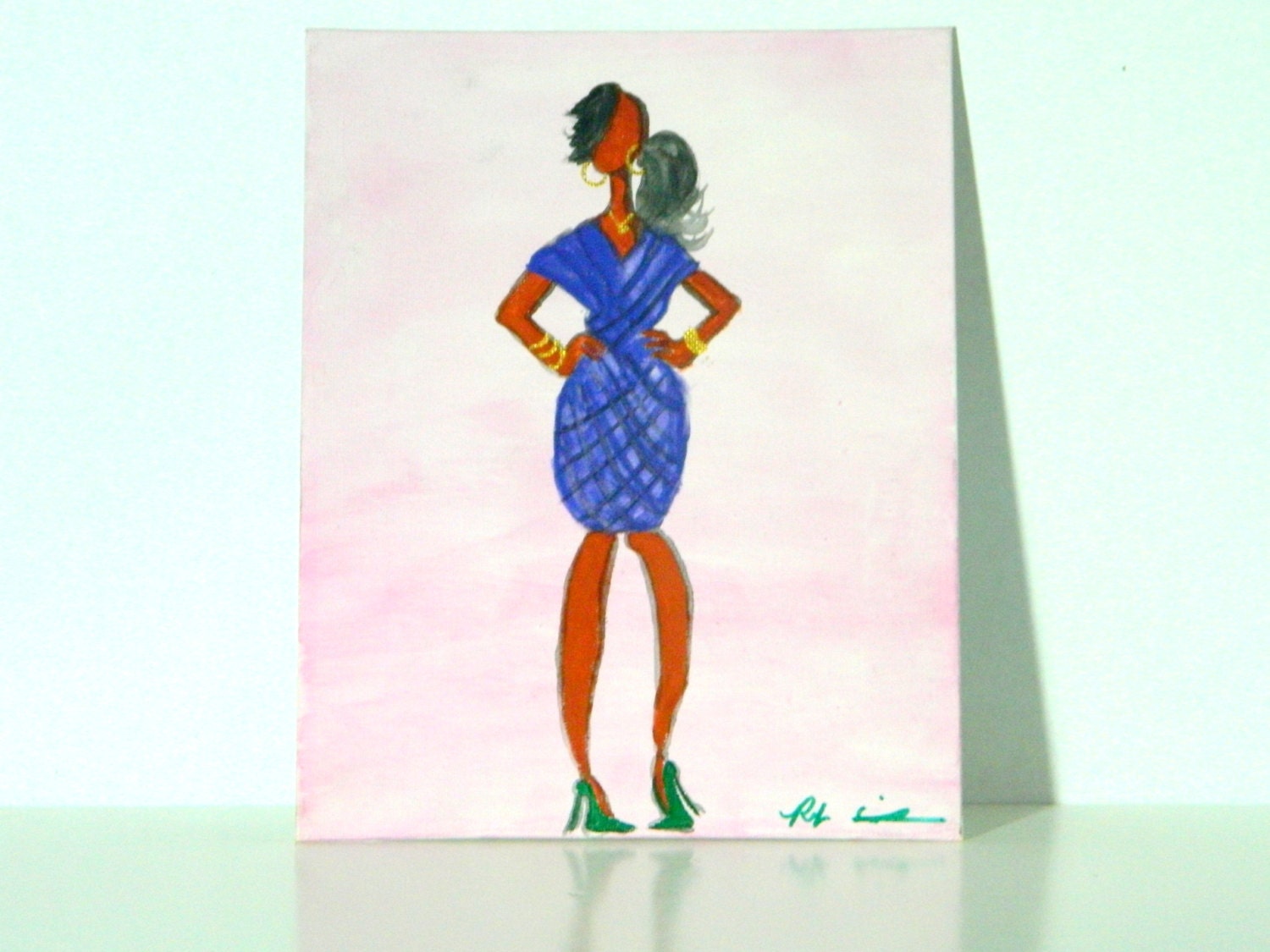 Fashion Illustration, Watercolor Paintng,  Purple Dress Art with Green Heels