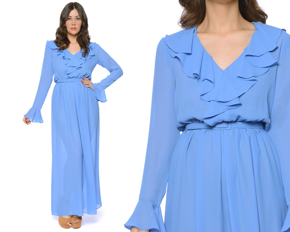 Ruffle Shirt Dress 70s Sheer Maxi Cornflower Blue Belted Ruffle Collar 1970s Disco Long Sleeves / Size M Medium