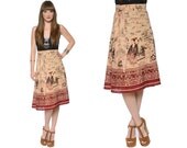 70s Wrap Skirt Ethnic Cotton Batik Asian Print Midi Boho PAGODAS 1970s Hippie Japanese High Waisted / One Size