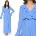 Ruffle Shirt Dress 70s Sheer Maxi Cornflower Blue Belted Ruffle Collar 1970s Disco Long Sleeves / Size M Medium