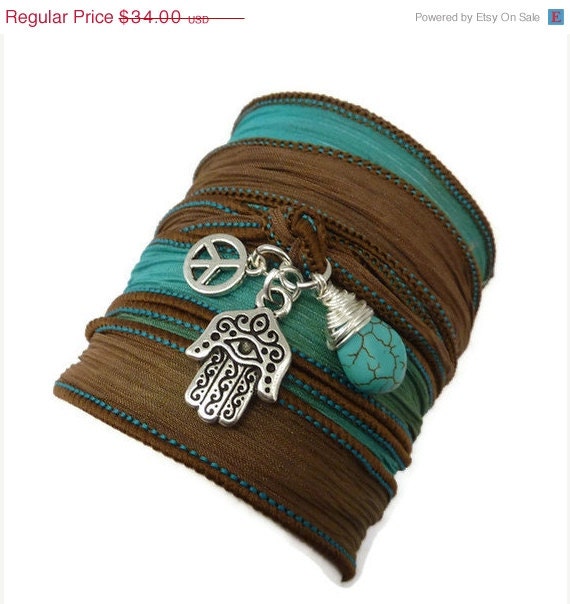 Wrap Bracelet with Hamsa, Peace Sign, and Turquoise, yoga jewelry, silk wrap bracelet, silk wrap around,wrist wr