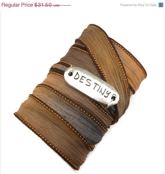 BIRTHDAY SALE Silk Wrap Bracelet with DESTINY connector,yoga jewelry,silk ribbon bracelet, yoga bracelet, boho chic, bohemian