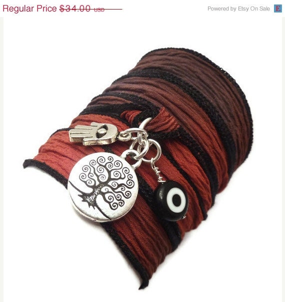 BIRTHDAY SALE Silk Ribbon Wrap Bracelet with Protection Charms,yoga jewelry,wrapped, wrapping, wrap around,wrist wrap