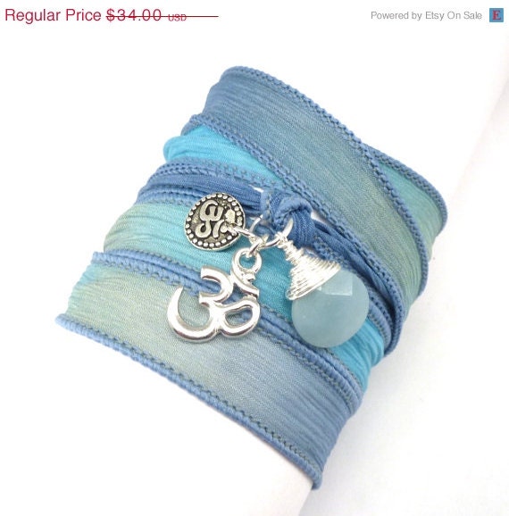 BIRTHDAY SALE Silk Ribbon Bracelet with Om Charms and Amazonite, yoga jewelry,wrapped, wrapping, wrap around,wrist wrap
