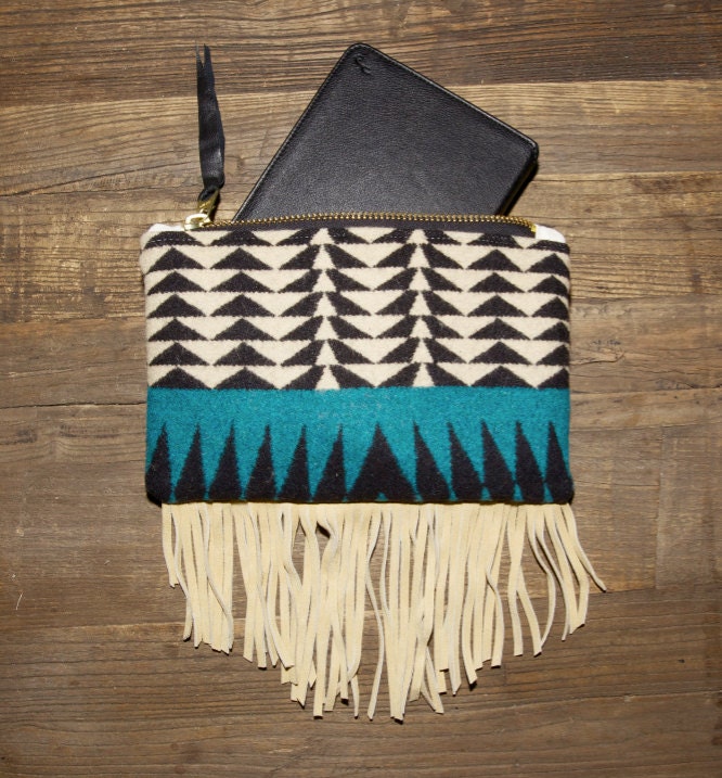 Teal Black and Beige Fringe Clutch, ipad mini clutch, made with genuine Pendleton wool, featuring beautiful geometric pattern