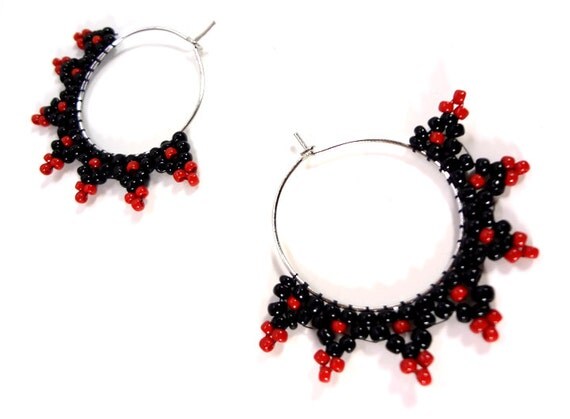 Red and Black Diamond Beaded Hoop Earrings