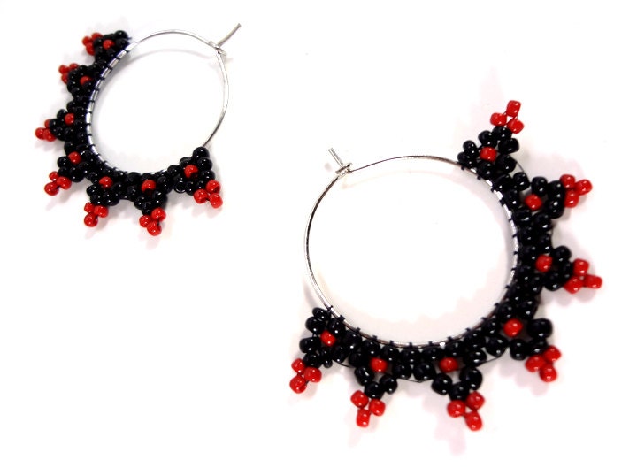 Red and Black Diamond Beaded Hoop Earrings