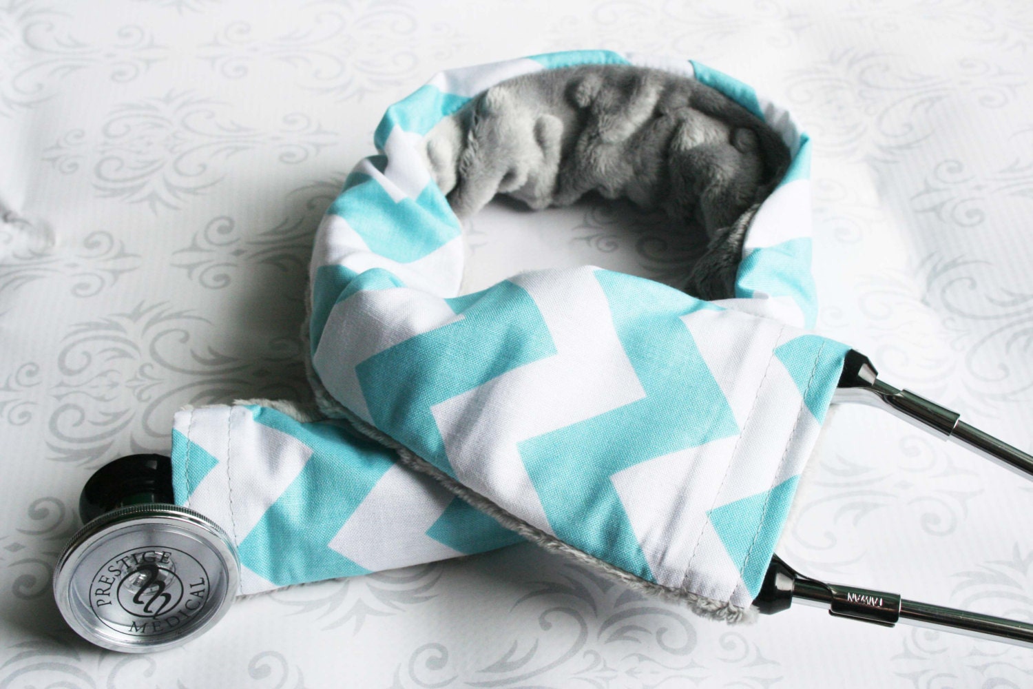 Padded Stethoscope Cover - Nurse, Doctor, Med Student, Medical Assistant - Aqua Chevron with Gray Minky - MADE TO ORDER