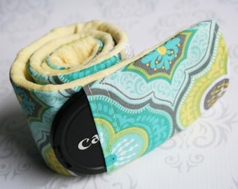 Camera Strap Cover with Lens Cap Pocket - Padded Minky - Moroccan Gray and Teal with Yellow Minky- MADE TO ORDER