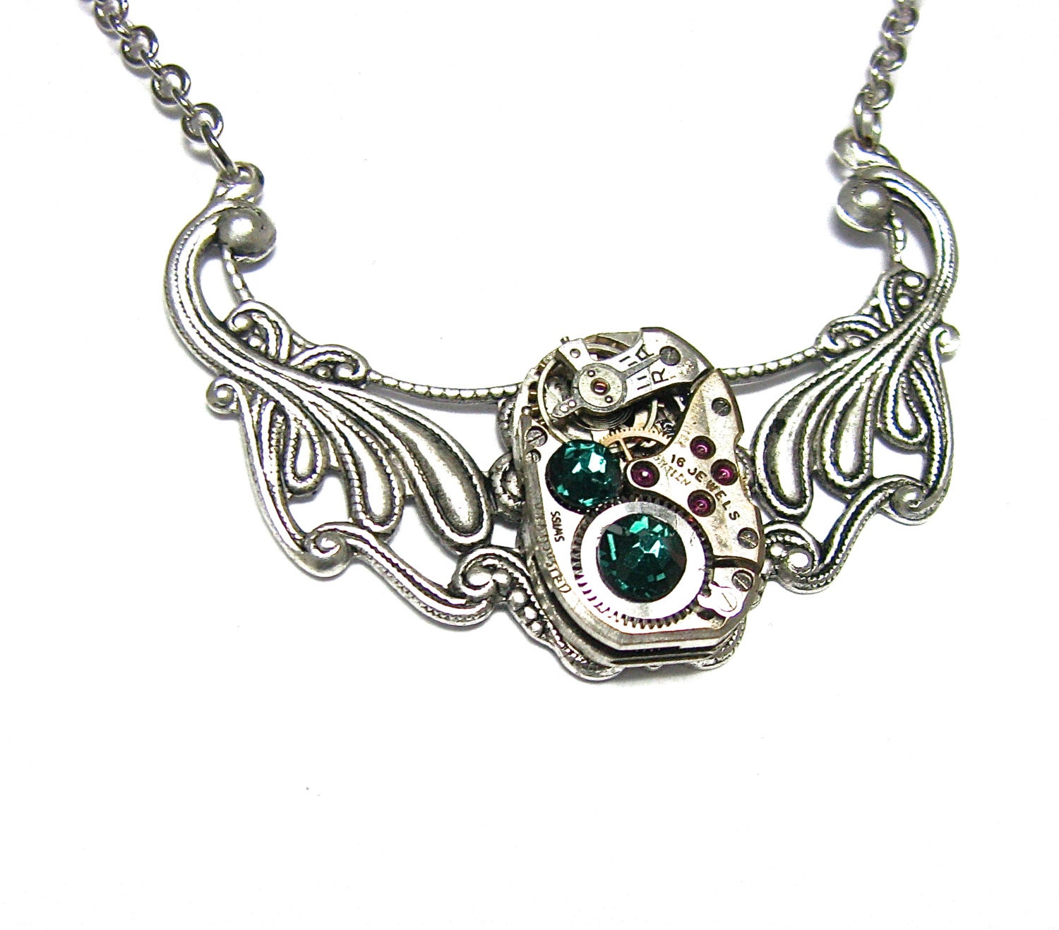 Steampunk Necklace Antiqued Silver Victorian Charm Finished with A GORGEOUS Jeweled Watch Movement -by Mechanique Steampunk