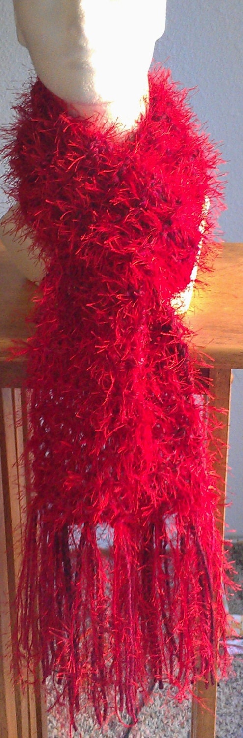 Hand Knit Red Berries Furry Scarf