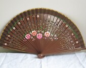 Regency/Victorian Style Fan. Wood. Brown with pink flowers. READY TO SHIP - RegencyRegalia