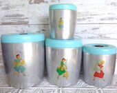 Vintage Metal West Bend Canister Hand Painted Aqua Aluminum with Black Knobs Fifties Retro Housewife Rockabilly