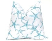 MEMORIAL DAY SALE Decorative Throw Pillow Cover Beach Decor Star Fish One 18 x 18 Coastal Blue Aqua on White Slub Sea Friends Premier Print