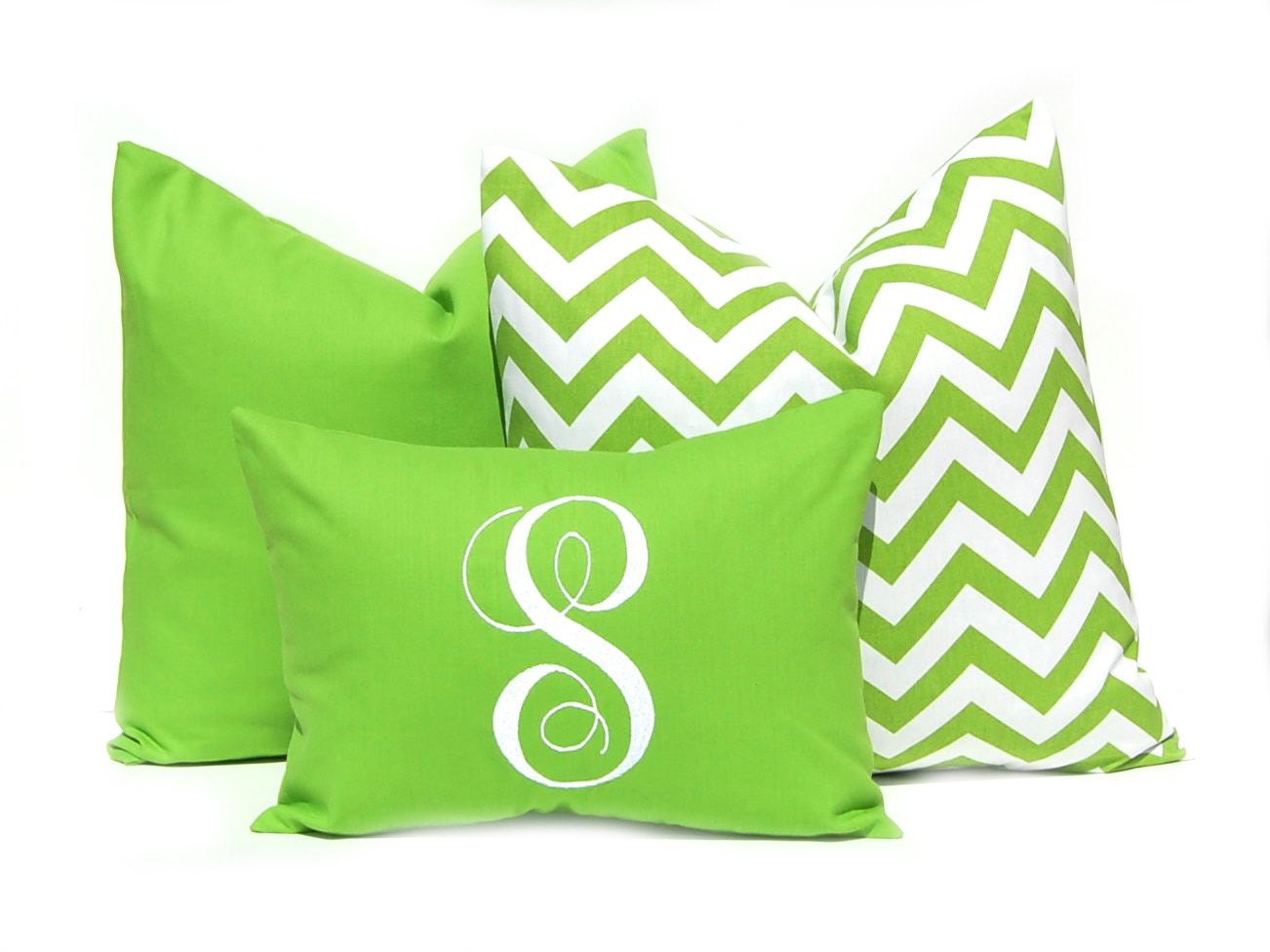 Decorative Pillow Covers 22 x 22 and 12 x 16 Dorm Decor Pillow Bright Green Pillows with Monogram 12 x 16
