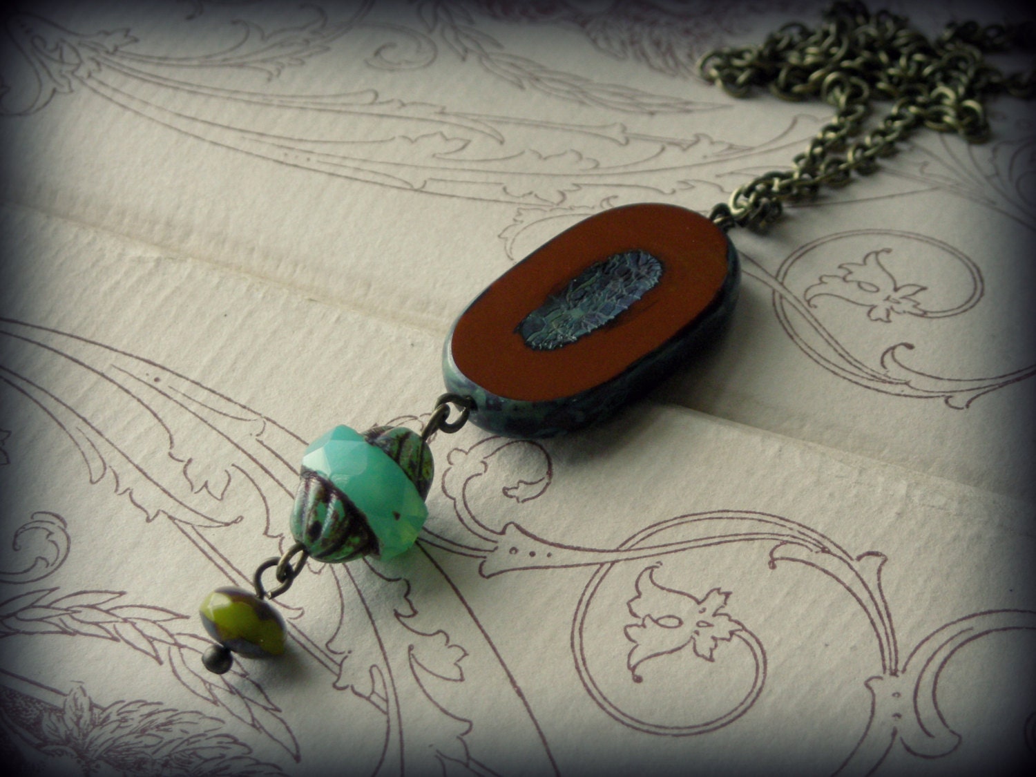 Wanderer ... necklace burnt orange opal turquoise pea green aged glass beads brass native american indian gypsy boho chic tribal bohemian