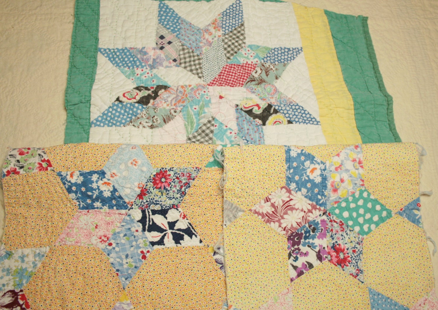 Three Very Sweet Patchwork Star Blocks from Vintage Cutter Quilts for Pillows or Framing