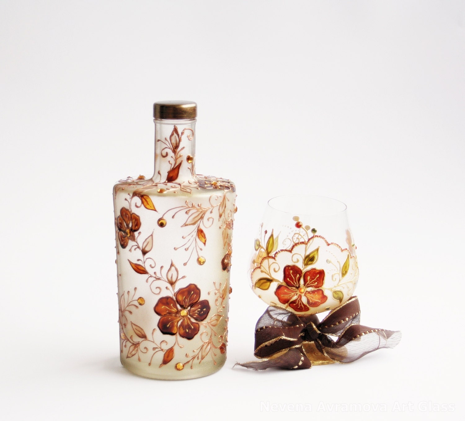 Hand Painted Bottle Upcycled Swarovski Crystals Copper Gold Brown Orange Sun Yellow