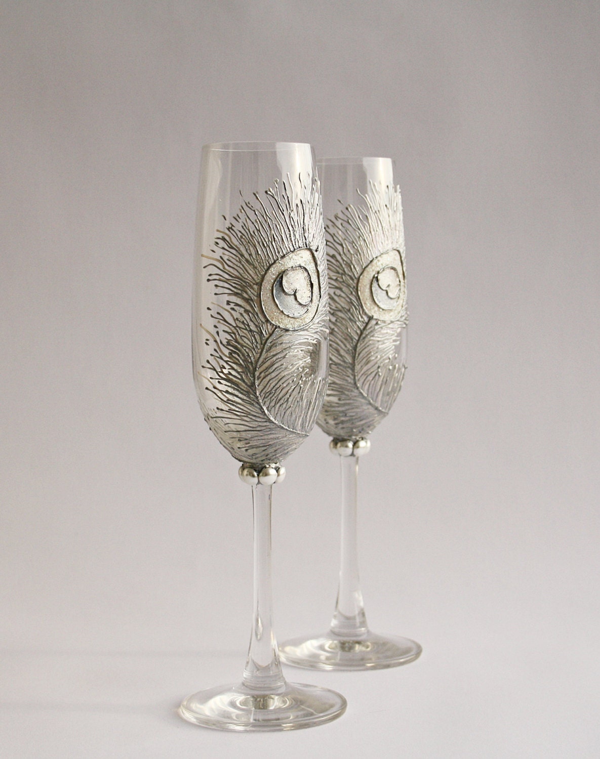 Wedding Glasses Bleached Peacock Feathers Hand Painted Flutes Set of 2