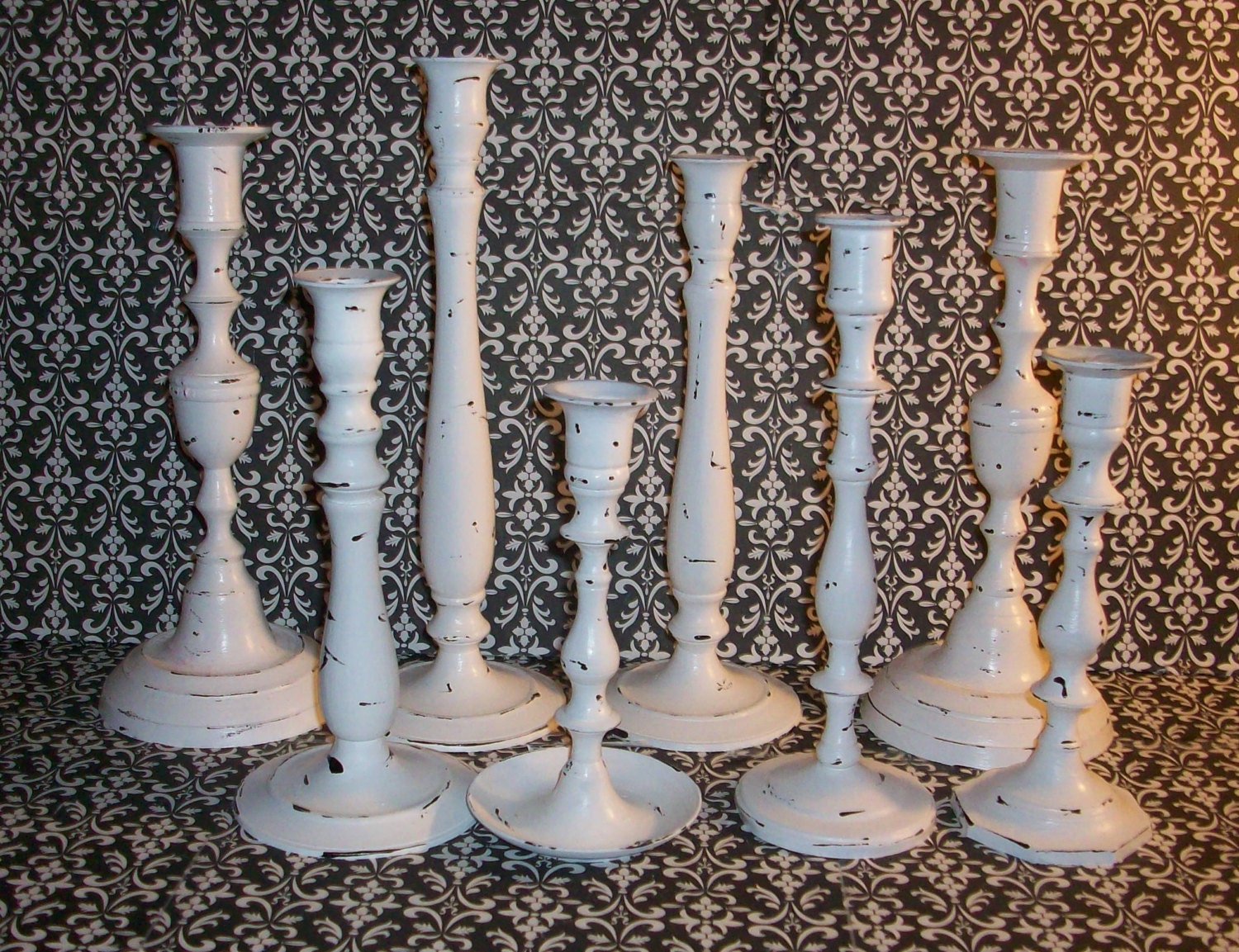 8 Shabby Chic Chippy White Candle Holders