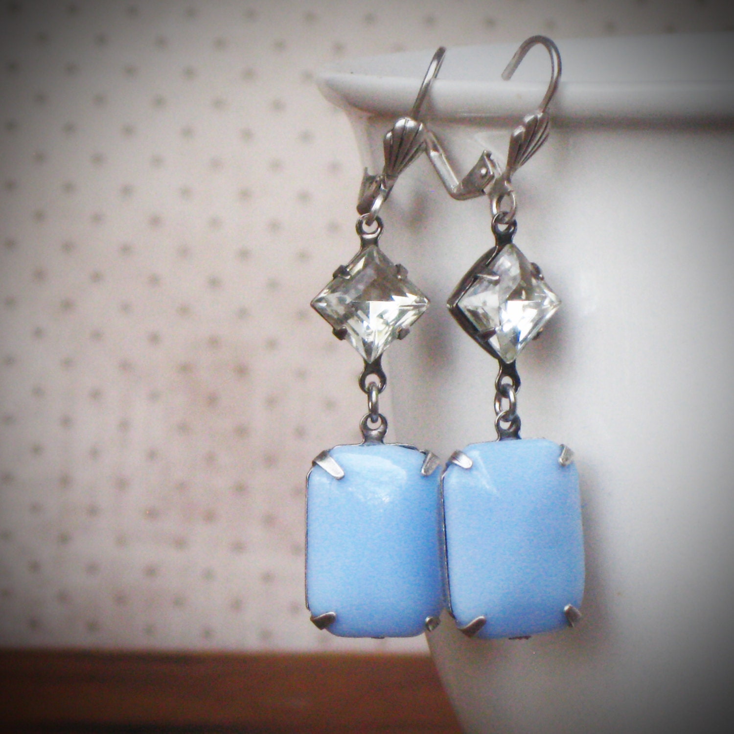 Blue Milk Glass Dangle Earrings, Rhinestone, Estate Style, Pastel