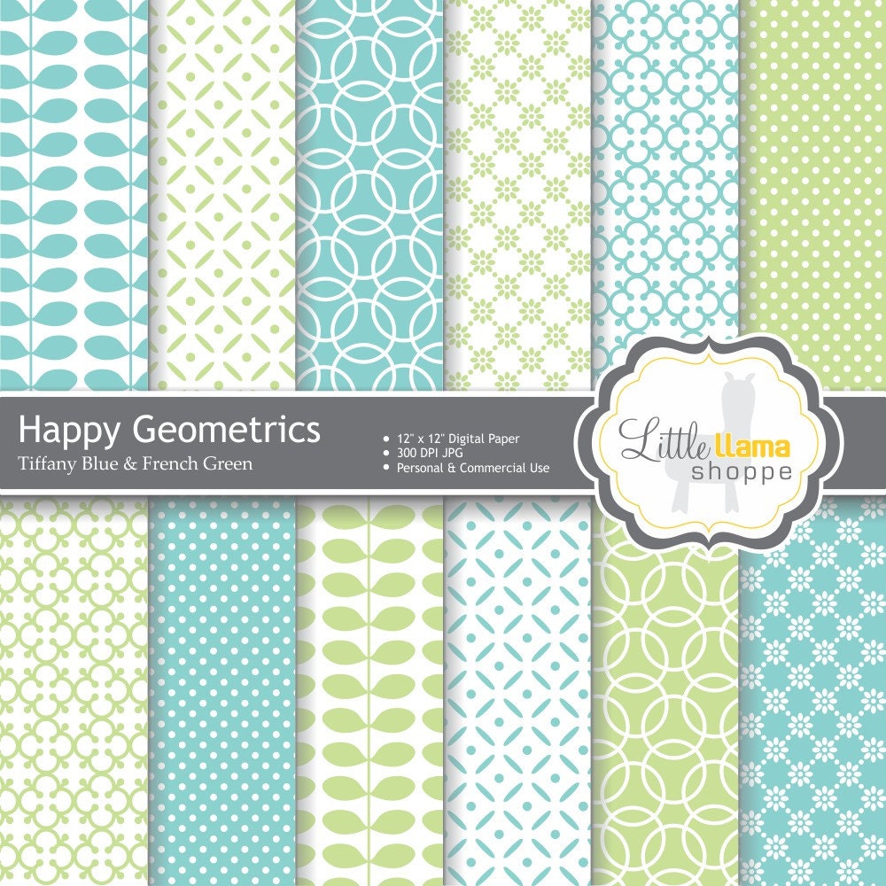12 Digital Paper Pack in Tiffany Blue and Green. Geometric Patterns for Scrapbooking and Crafts  INSTANT DOWNLOAD  Personal & Commercial