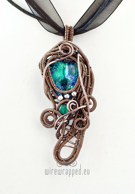 OOAK Aqua blue and green dichroic glass gothic pendant