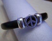 Black Licorice Leather Bracelet with Peace Sign Men Unisex