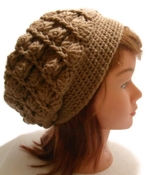 Crochet Cabled Shell Tam Beanie Hat in Tan Brown