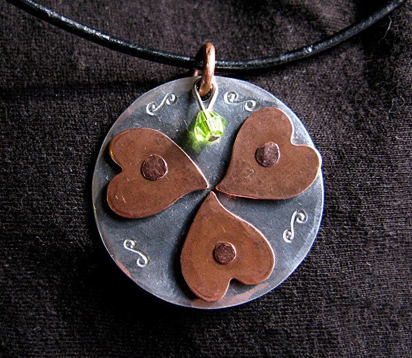 Hand Stamped Three Heart Necklace Pendant in Copper and Aluminum