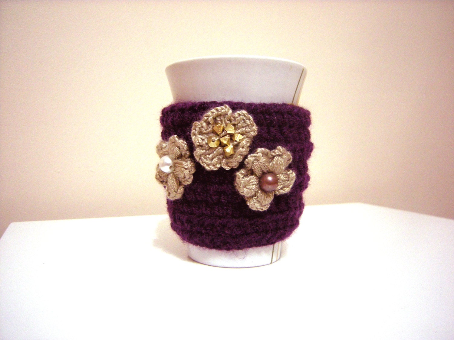 Plum Flower Coffee Cozy, Coffee Mug Cozy, Neutral cup cozy ,Coffee Cozy Sleeve