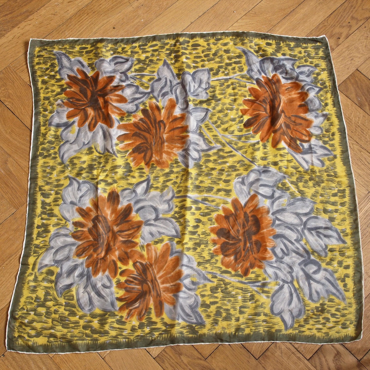 Vintage Silk Scarf 60's Czech Impressionist Floral Yellow, Orange, Olive, Gray Large