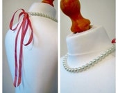 Red Candy striped Pearls and ribbon Necklace Bridesmaids Gifts Set of Four Pearl And Ribbon Necklaces With White Pearls And Striped Ribbon