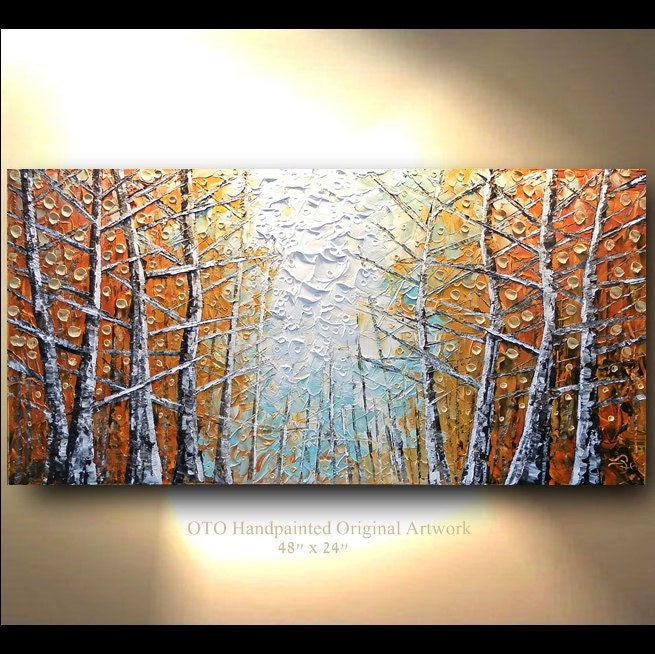 ORIGINAL Painting 24x48 Large Gold Leaf Birch Tree Abstract Texture wall decor Artwork Fine art canvas by OTO