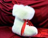 White Fuzzy Stocking Christmas Jingle Bells Gift Women Men Children Decoration Keepsake Crochet Santa Boot